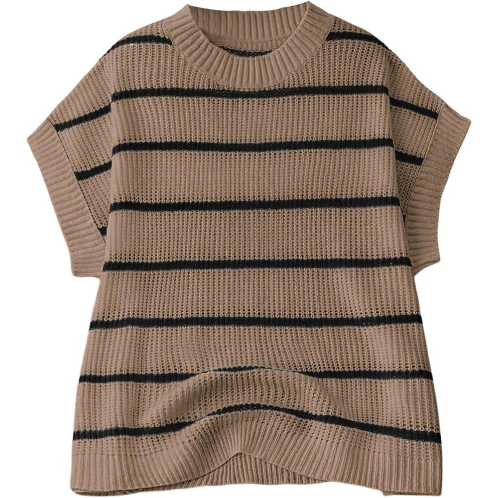 Women's Plus Size Short Sleeve Sweater Vest Top Striped Oversized Sweater Vests